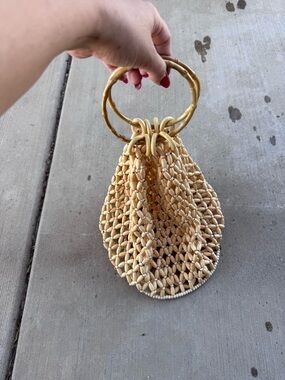 Vintage Hand Woven Wooden Beaded Bucket Bag With Bamboo Handles Boho Beach Boho